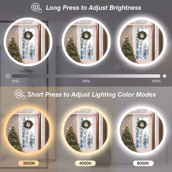 Ortonbath Frameless 60 80 90 100cm Round Make up Smart Bathroom Backlit Anti Fog Vanity LED Light Mirror Wall Mirror Bath LED Mirror